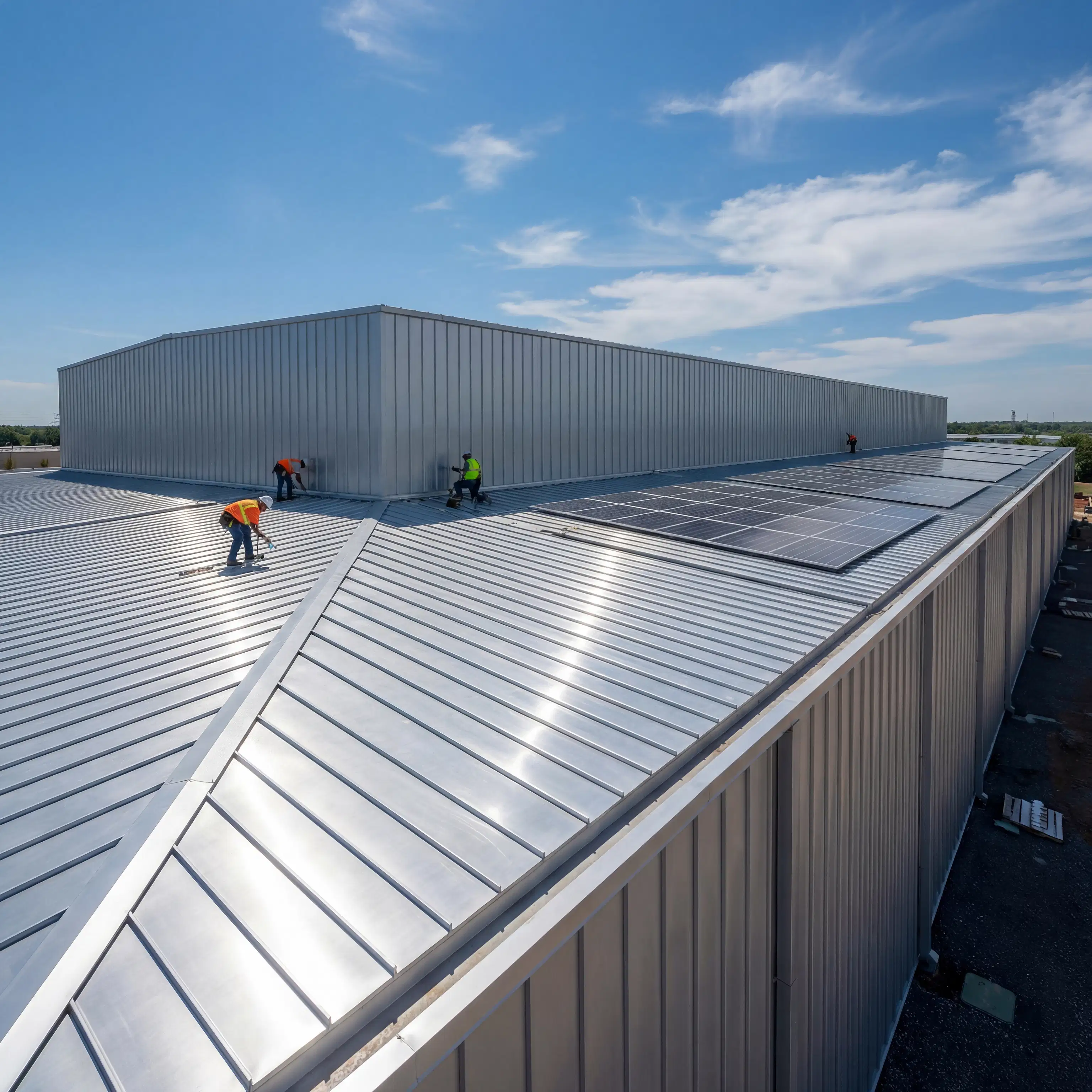 Aerial view of crew members sealing seams on a large standing seam metal commercial roof with rooftop solar panels