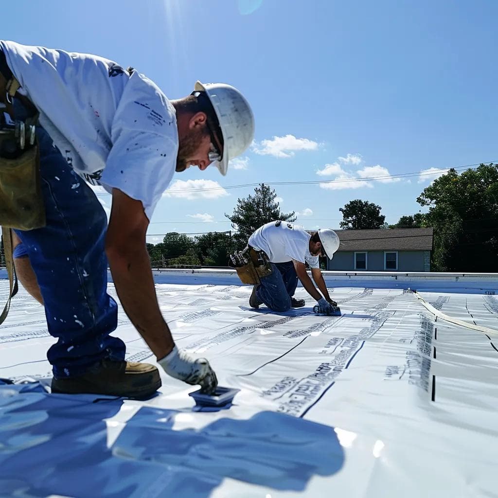 Two crew members in white hard hats finishing TPO membrane seams on a commercial roof