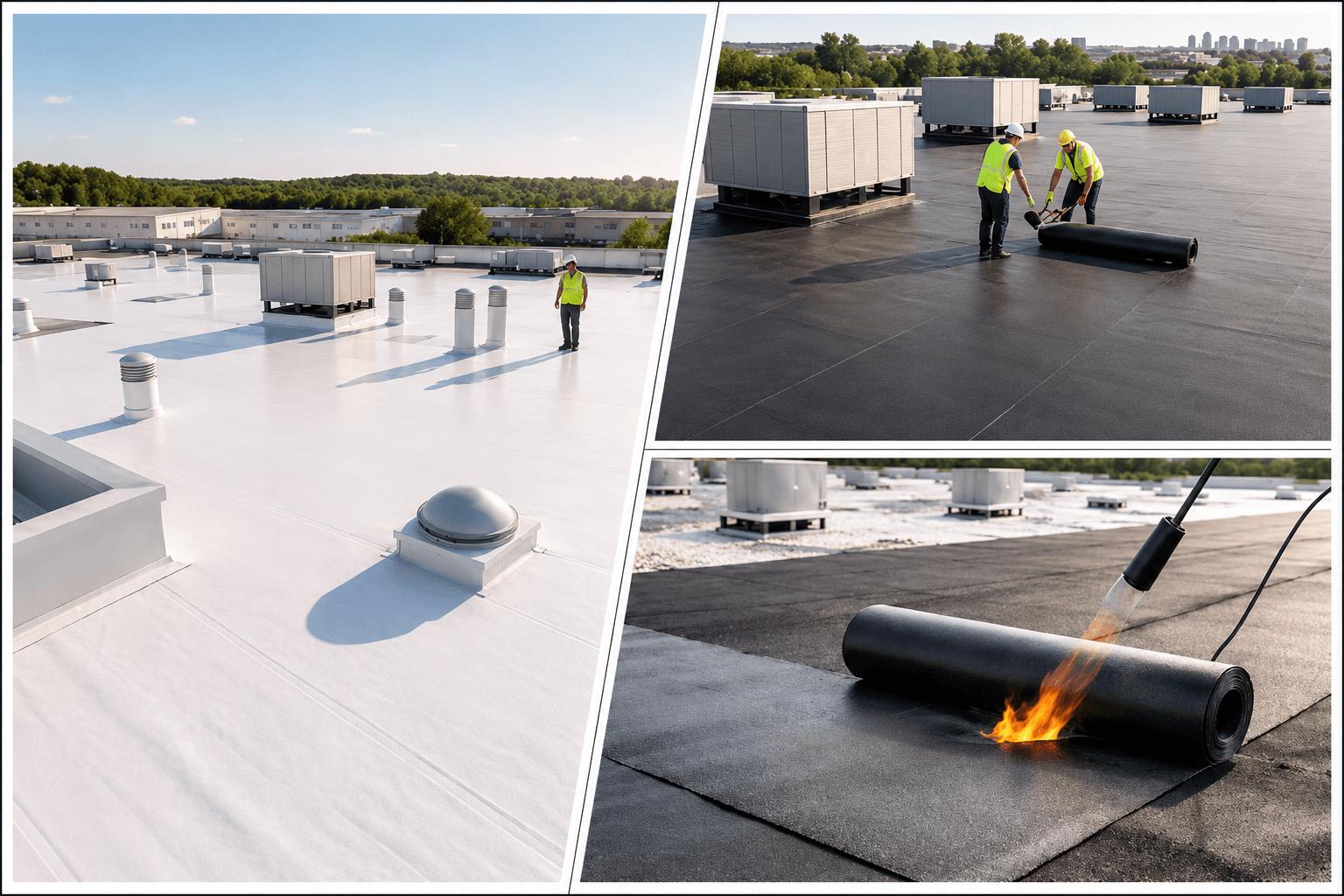 Aerial view of a white TPO flat roof with rooftop HVAC units