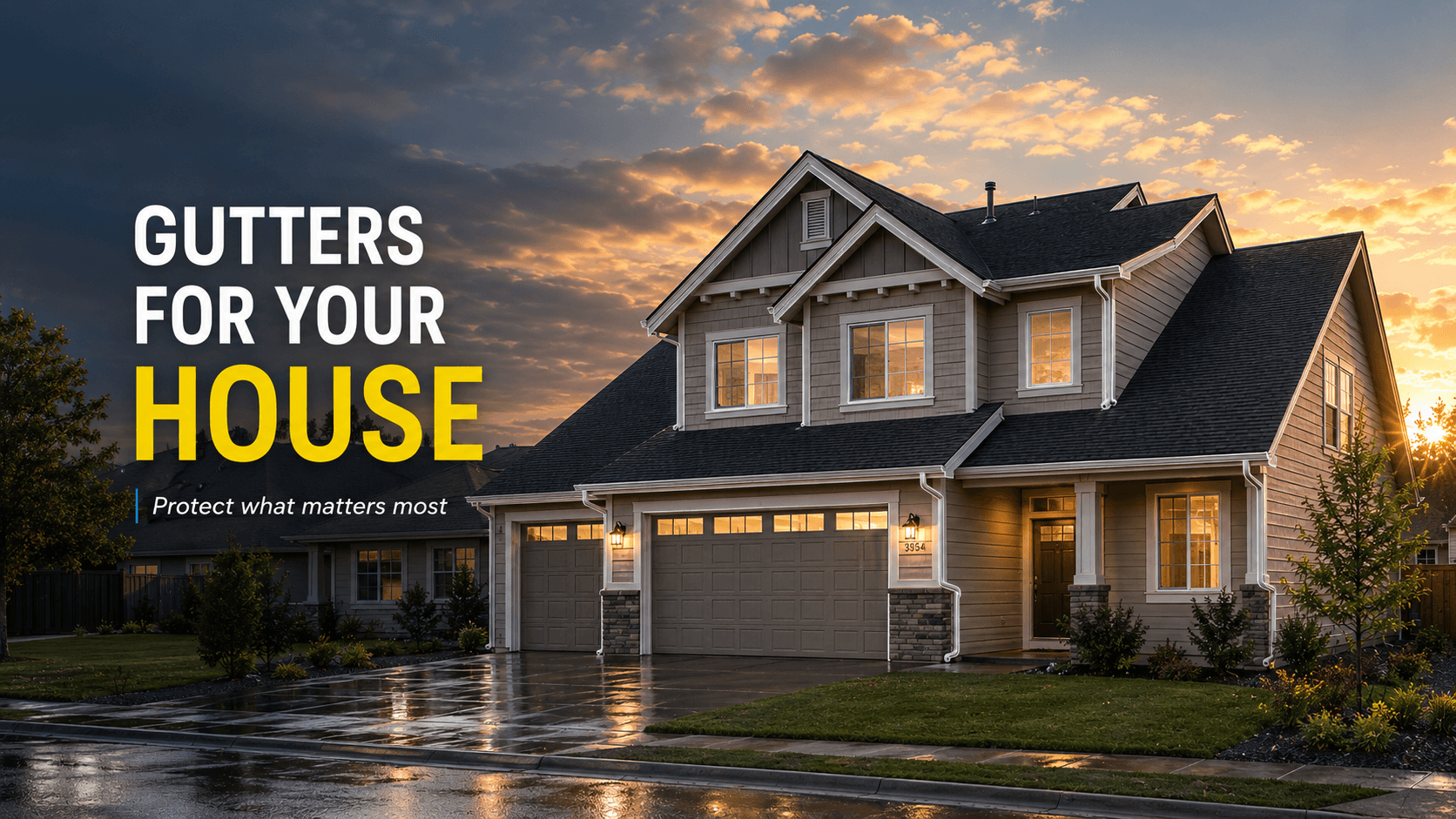 Gutters for your house, protect what matters most — two-story home with new gutters at sunset