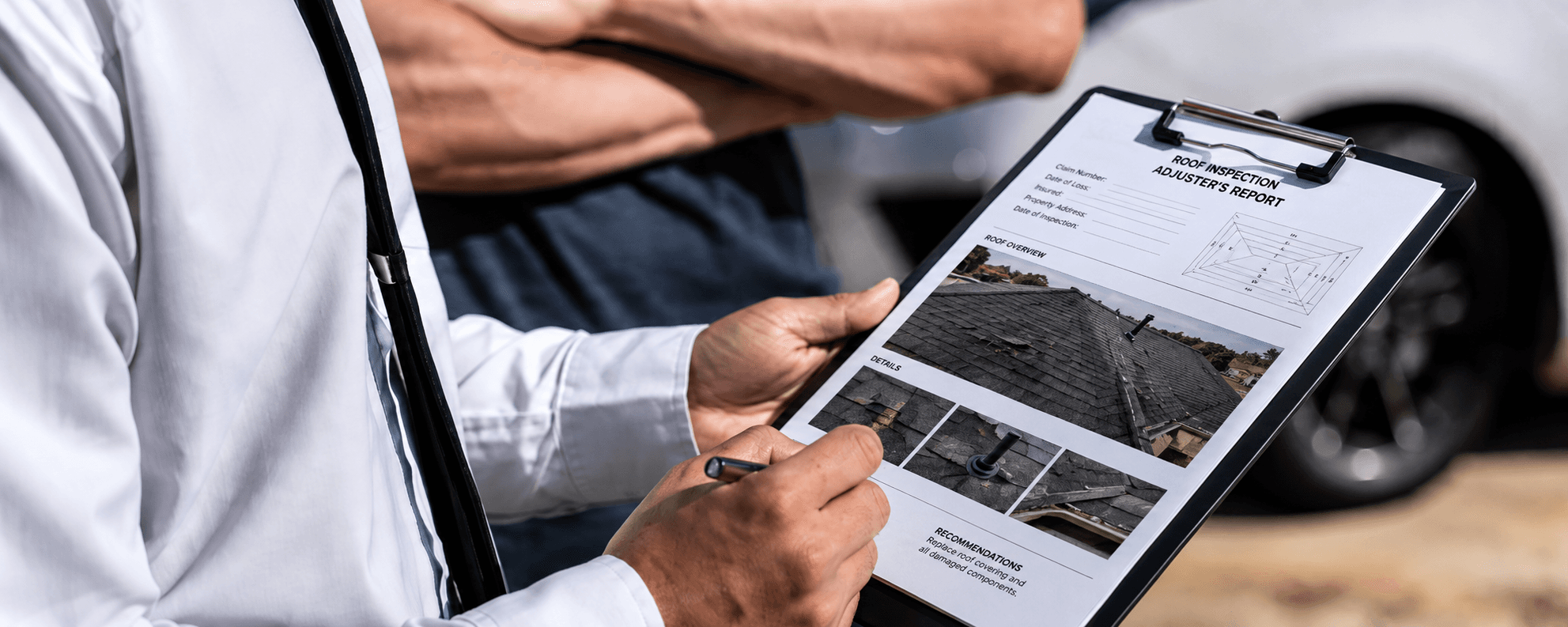 Insurance adjuster reviewing a roof inspection report with the homeowner