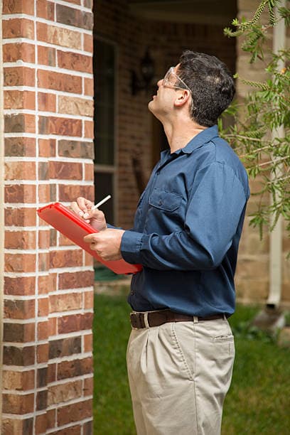 Inspector examining brick siding and trim for storm damage