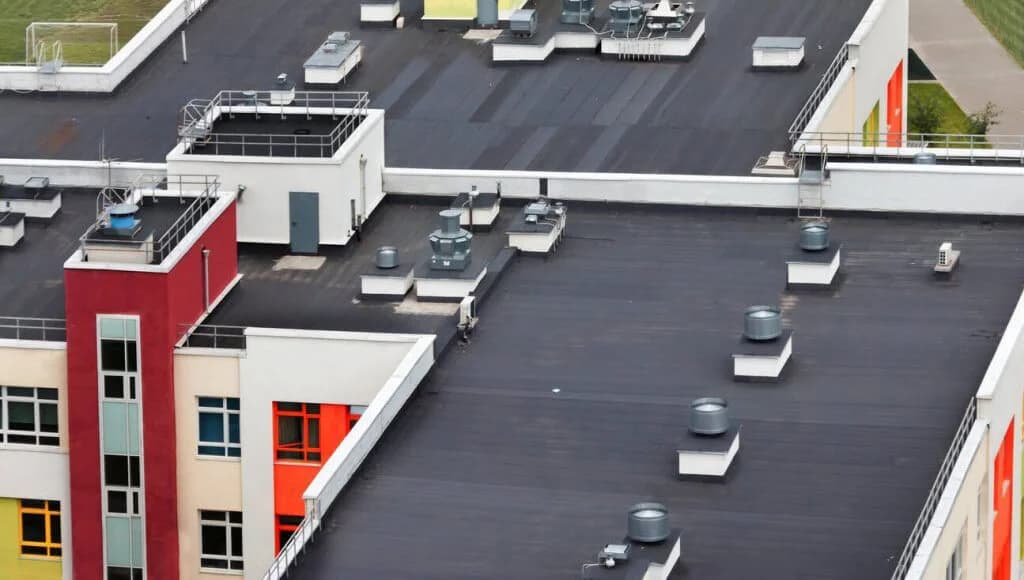 Aerial view of a large commercial flat roof with HVAC units