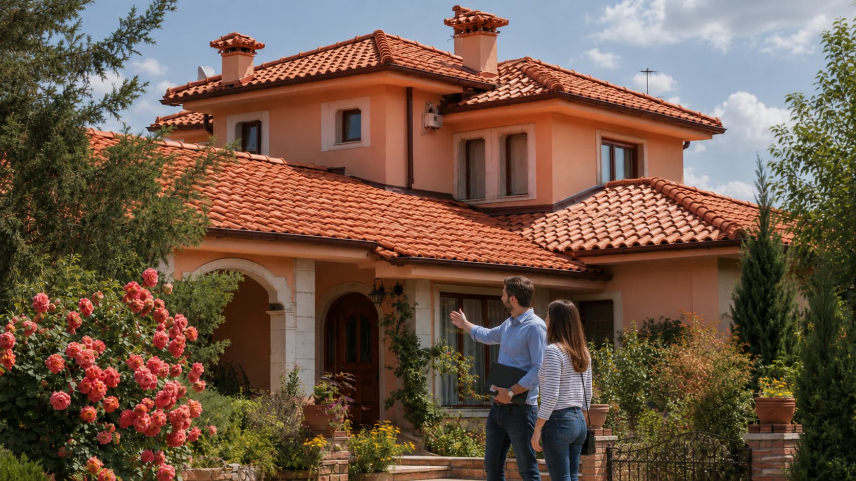 Real estate agent showing a high-end tile-roofed home to a buyer