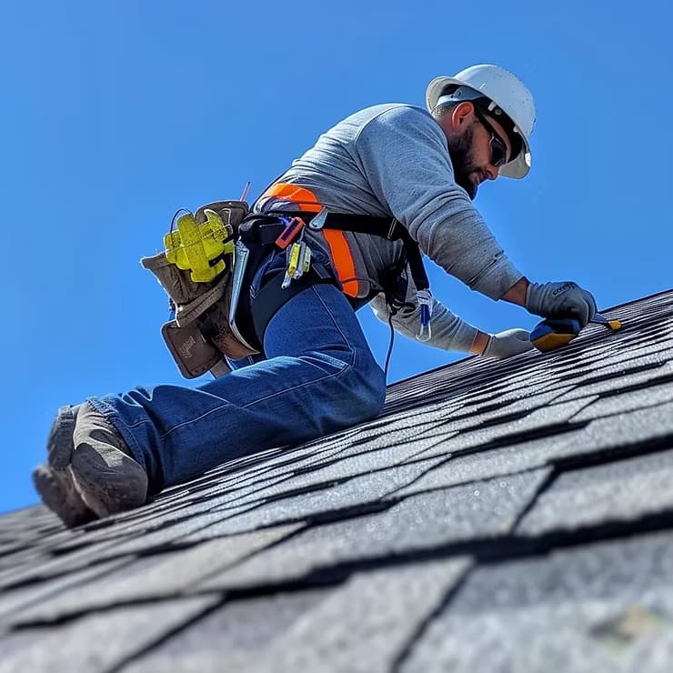 Roofer kneeling on a shingle roof ridge performing a repair