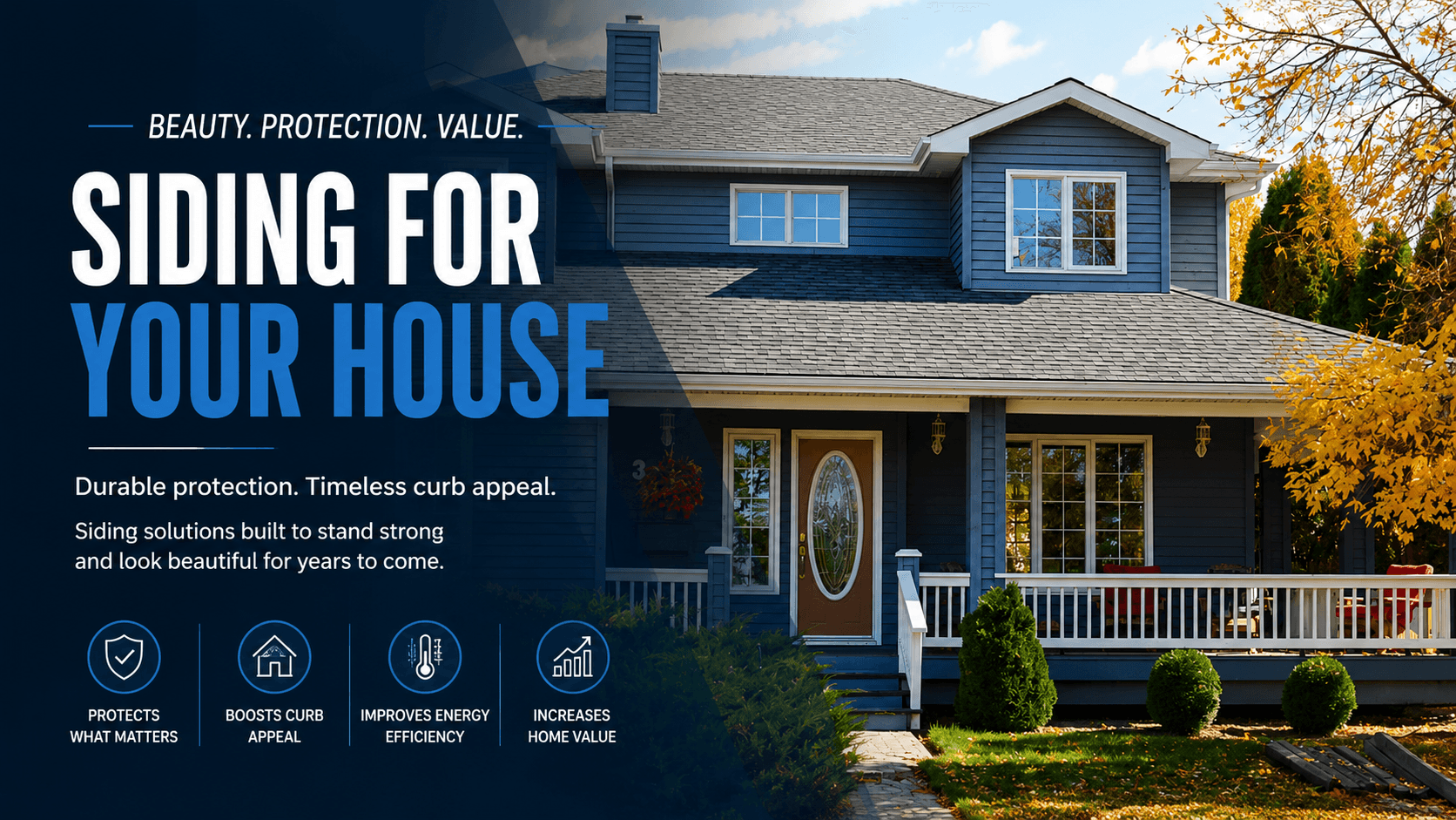Siding for your house, beauty protection value — two-story home with blue siding and a wraparound porch