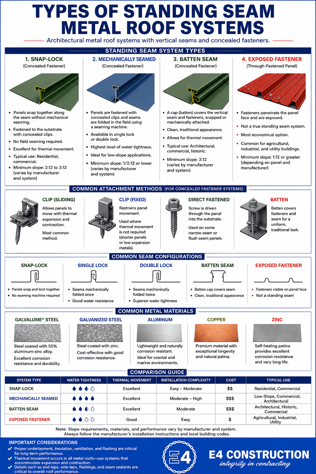 Infographic comparing standing seam metal roof system types (snap-lock, mechanically seamed, batten seam, exposed fastener), attachment methods, seam configurations, and common metal materials