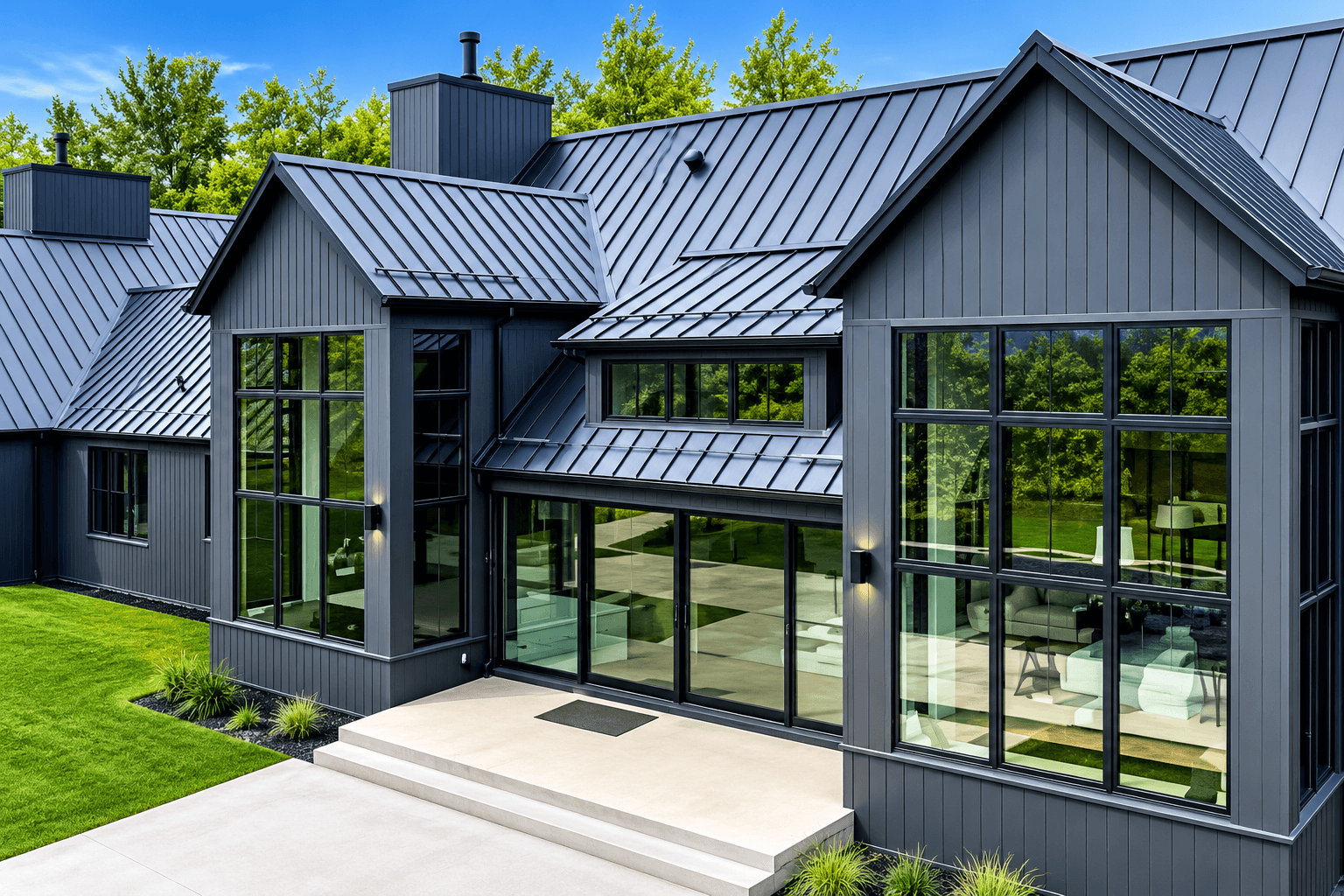 Modern farmhouse with a dark blue-grey standing seam metal roof