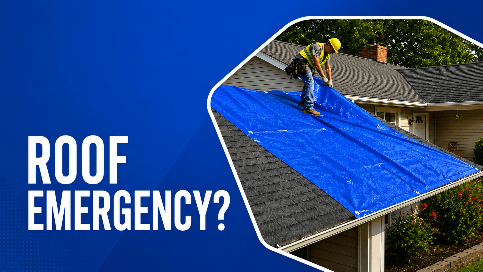 E4 crew member securing a blue emergency tarp over a damaged residential roof